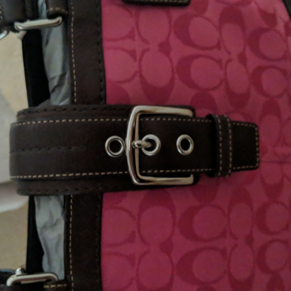 COACH F13021 Pink Canvas Brown Leather Handbag - Picture 3 of 6